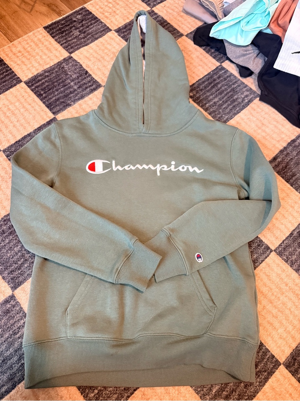 Champion Olive Script Logo Pullover Hoodie